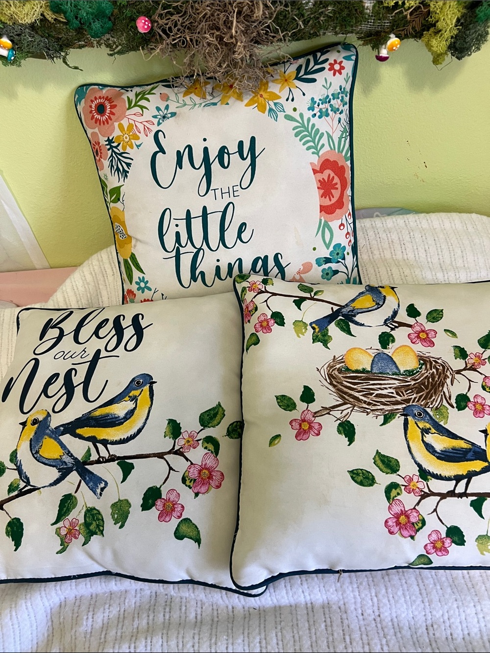 Enjoy the Little Things Floral & Bird Throw Pillow - White and Yellow
